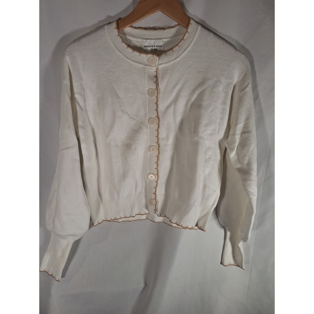 Willow & Wind White Cropped Cardigan Balloon Sleeve Scallop Trim Sweater Small